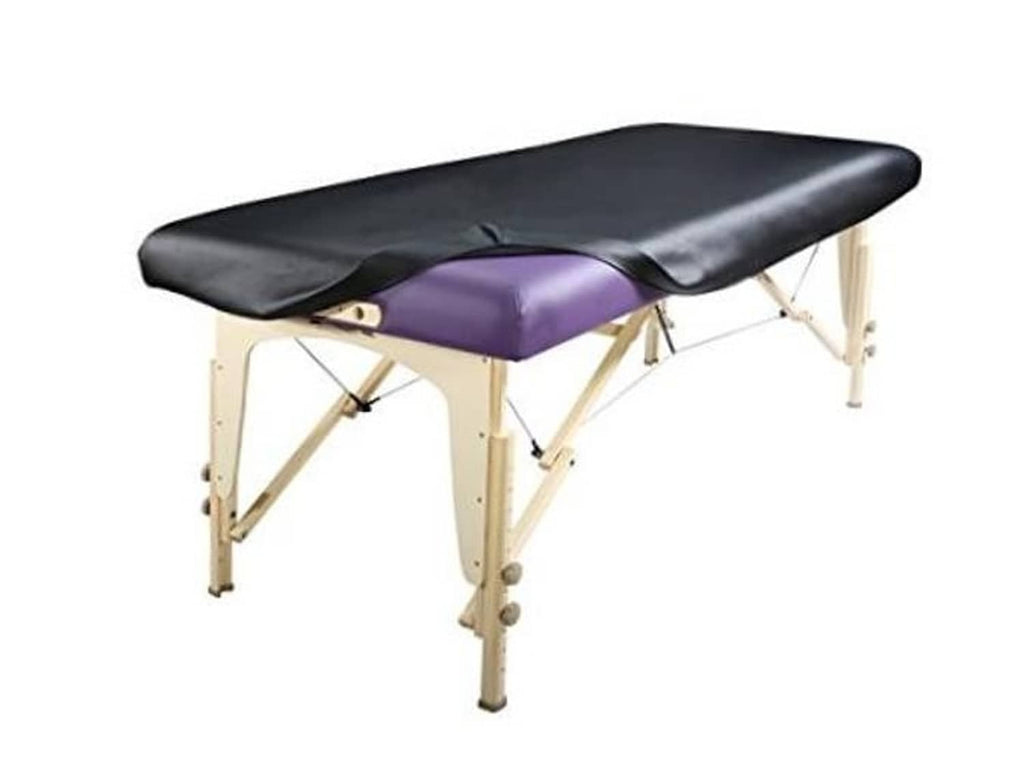 Black fitted PU vinyl massage table cover, contoured top and elastic edges
