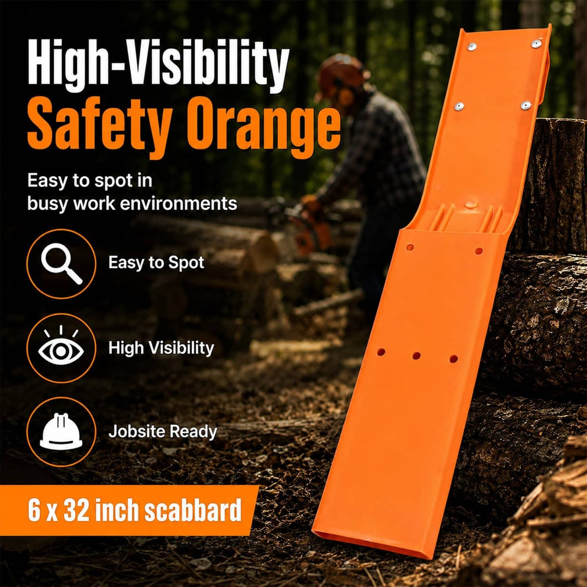 Orange high-visibility chainsaw scabbard with open end and side mounting plate