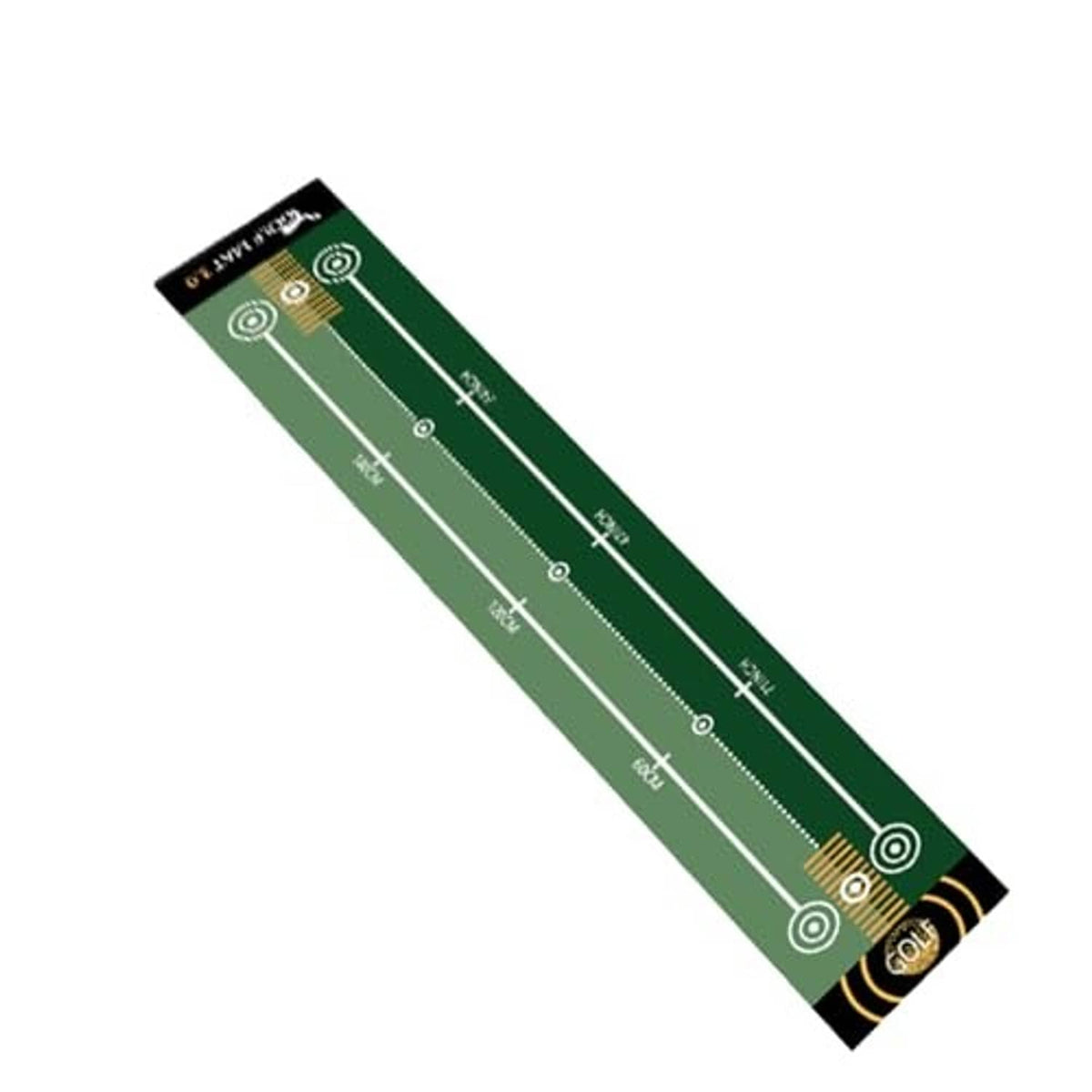 Green golf putting practice mat angled view with white lane markings and circles