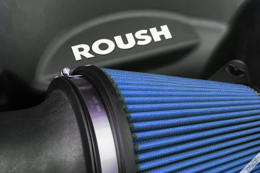 Blue Roush-branded cone air filter with black rubber end cap