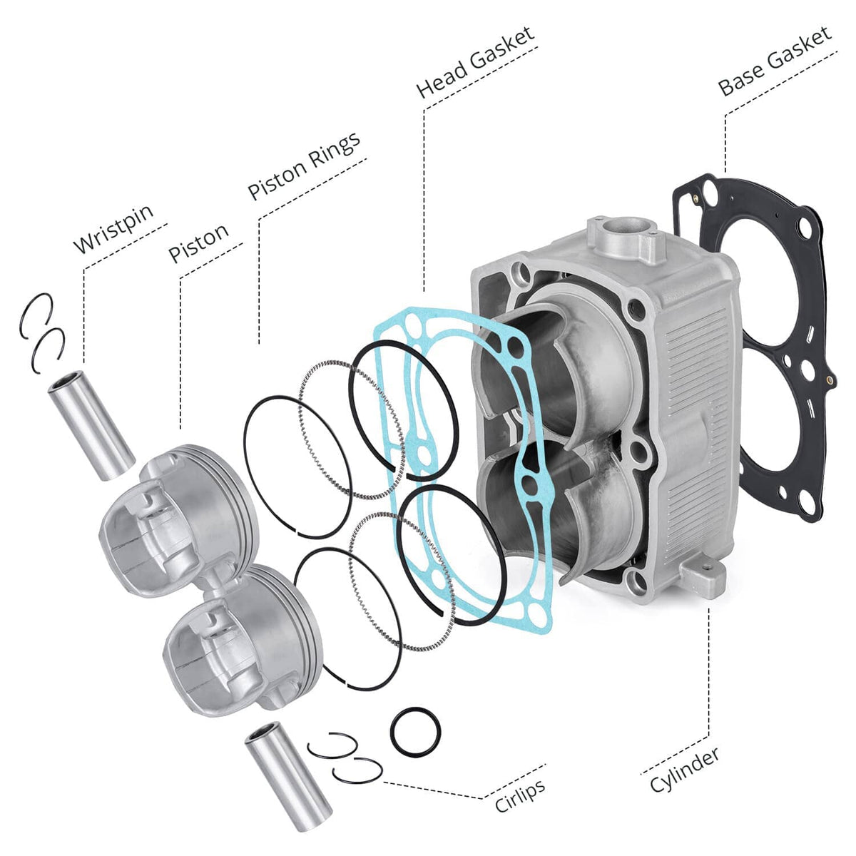 Engine top end gasket and piston ring kit with cylinder components and seals