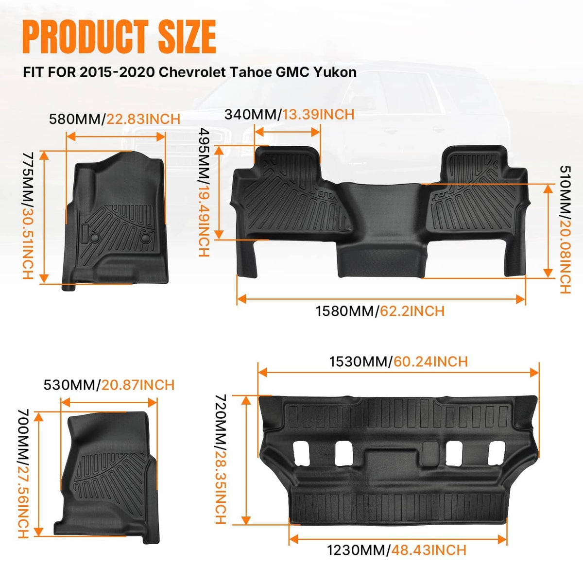 Black floor mat liner dimensions layout with multiple mat shapes