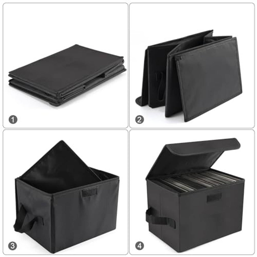 Black foldable vinyl record storage box set showing stacked and unfolded panels