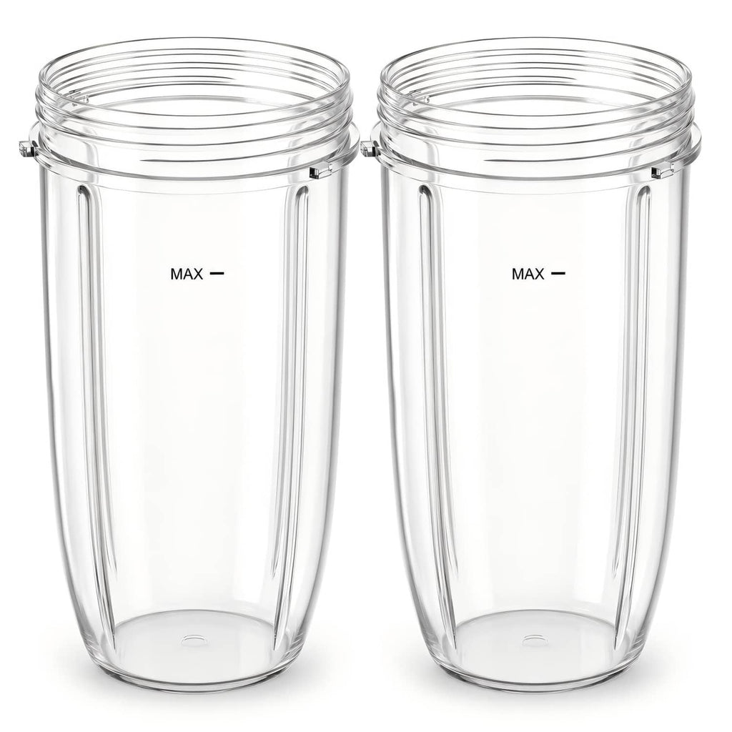 Clear 32 oz blender replacement cups, threaded rim, locking tabs, two-pack