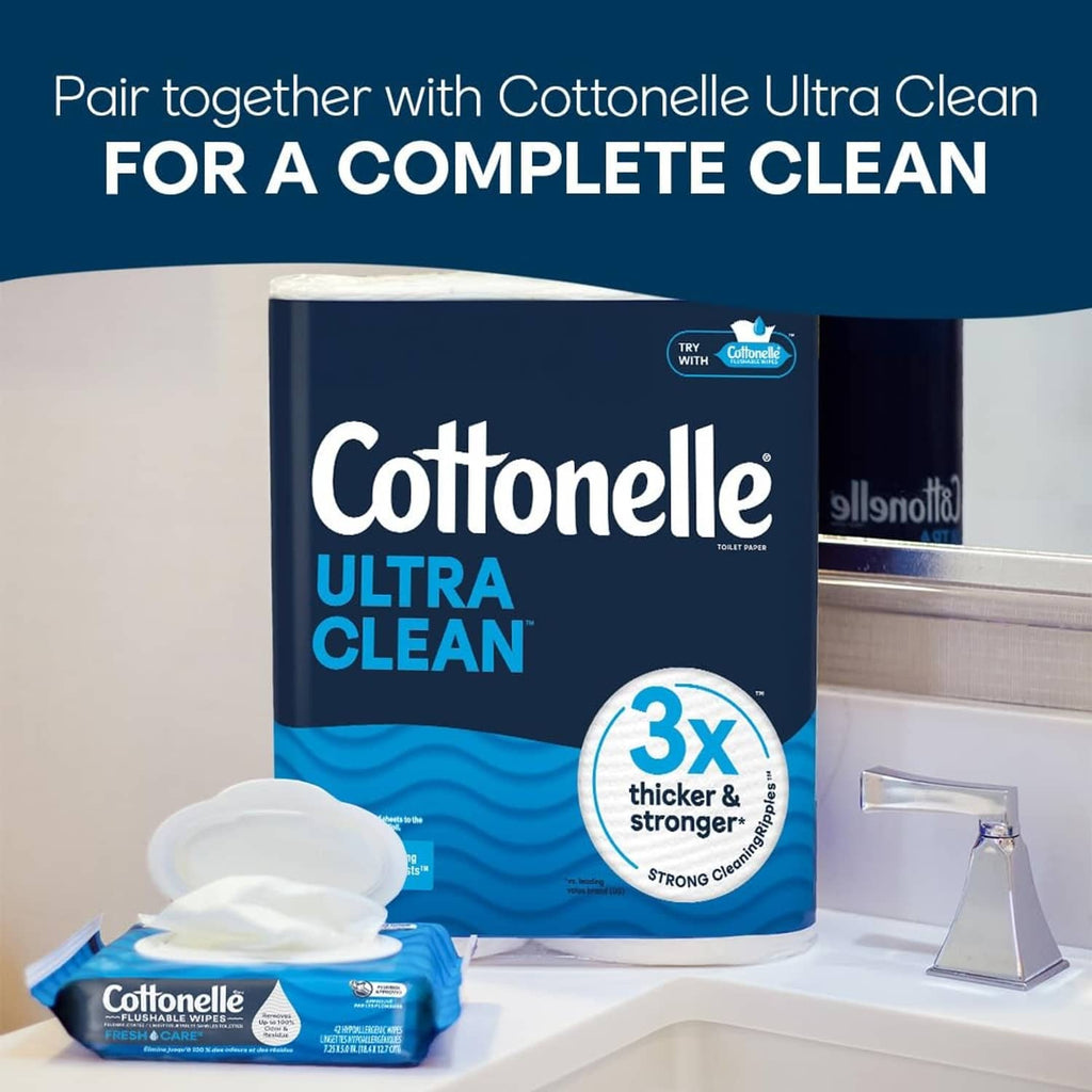 Cottonelle Ultra Clean flushable wet wipes package with wipes and toilet accessories