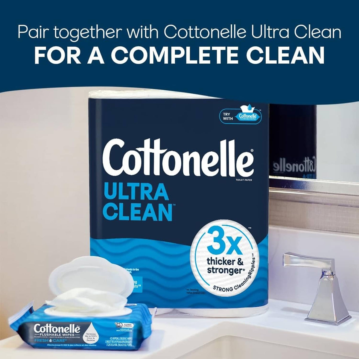 Cottonelle Ultra Clean flushable wet wipes package with wipes and toilet accessories
