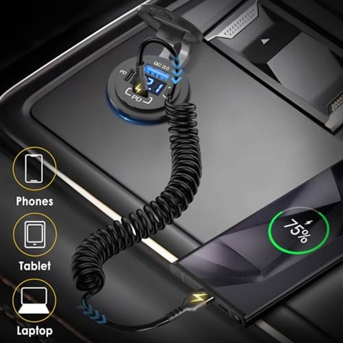 Black car USB charger outlet with coiled cables plugged in, blue power display on