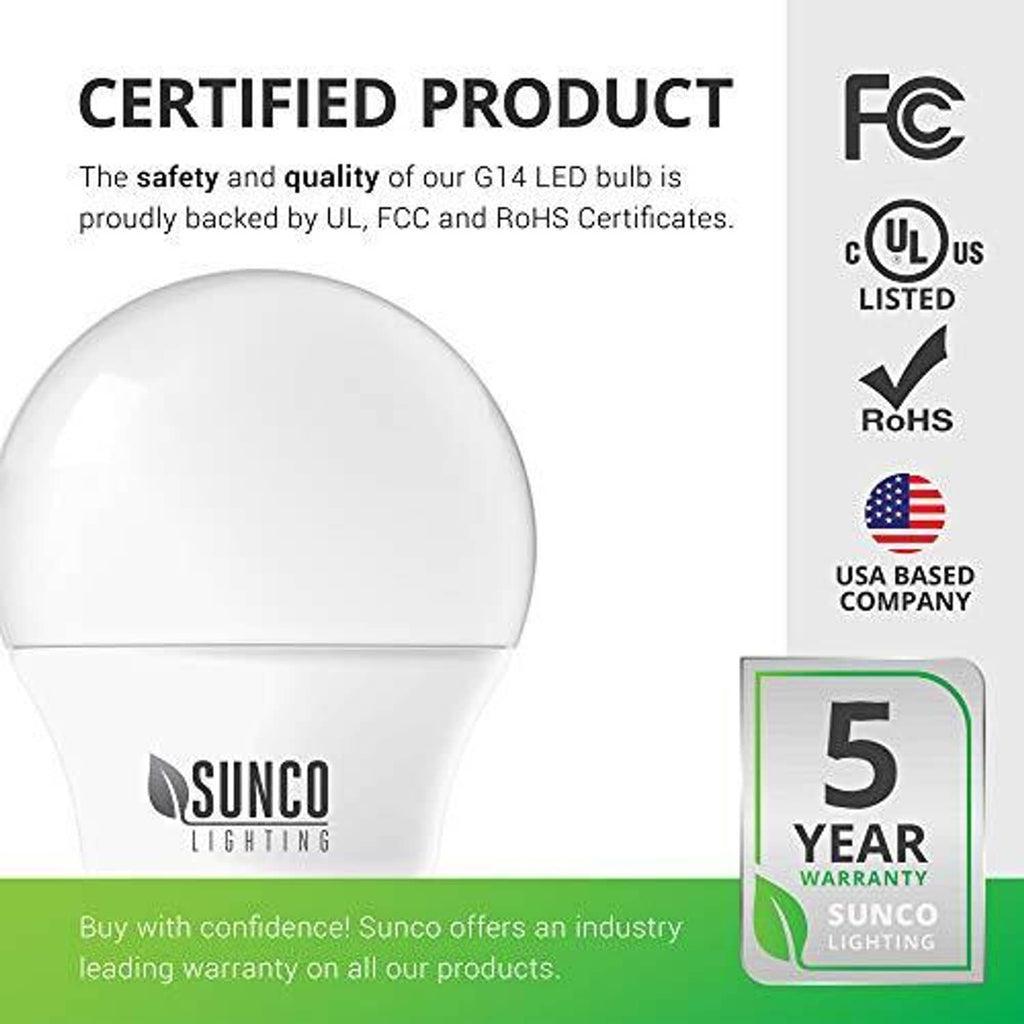 White candelabra LED bulb with certification badges and 5-year warranty panel