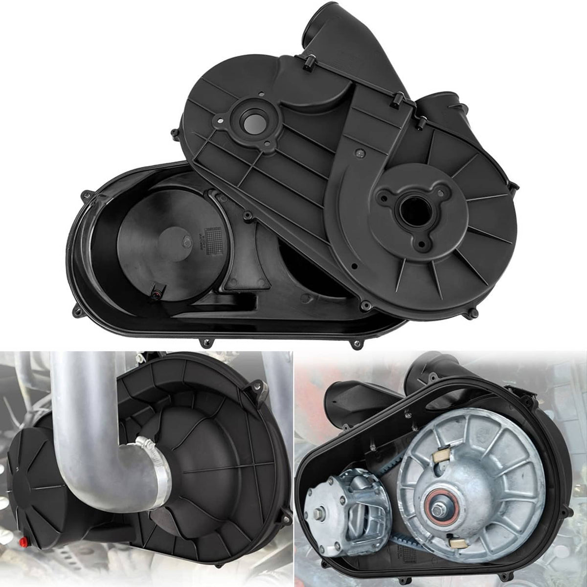 Black clutch belt cover with large circular fan and molded channels