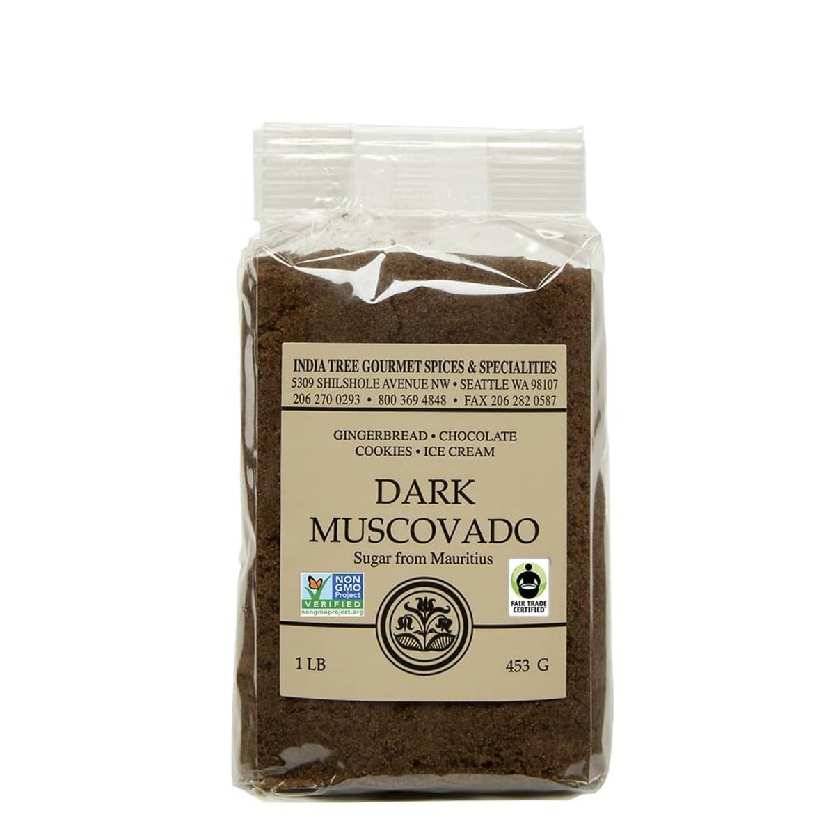 India Tree dark muscovado sugar, 1 lb bag with front label