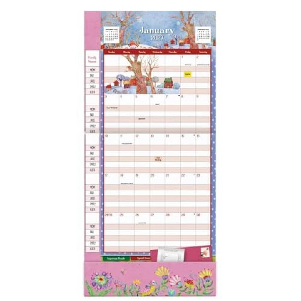January 2027 wall calendar with scenic illustration and rows for daily scheduling