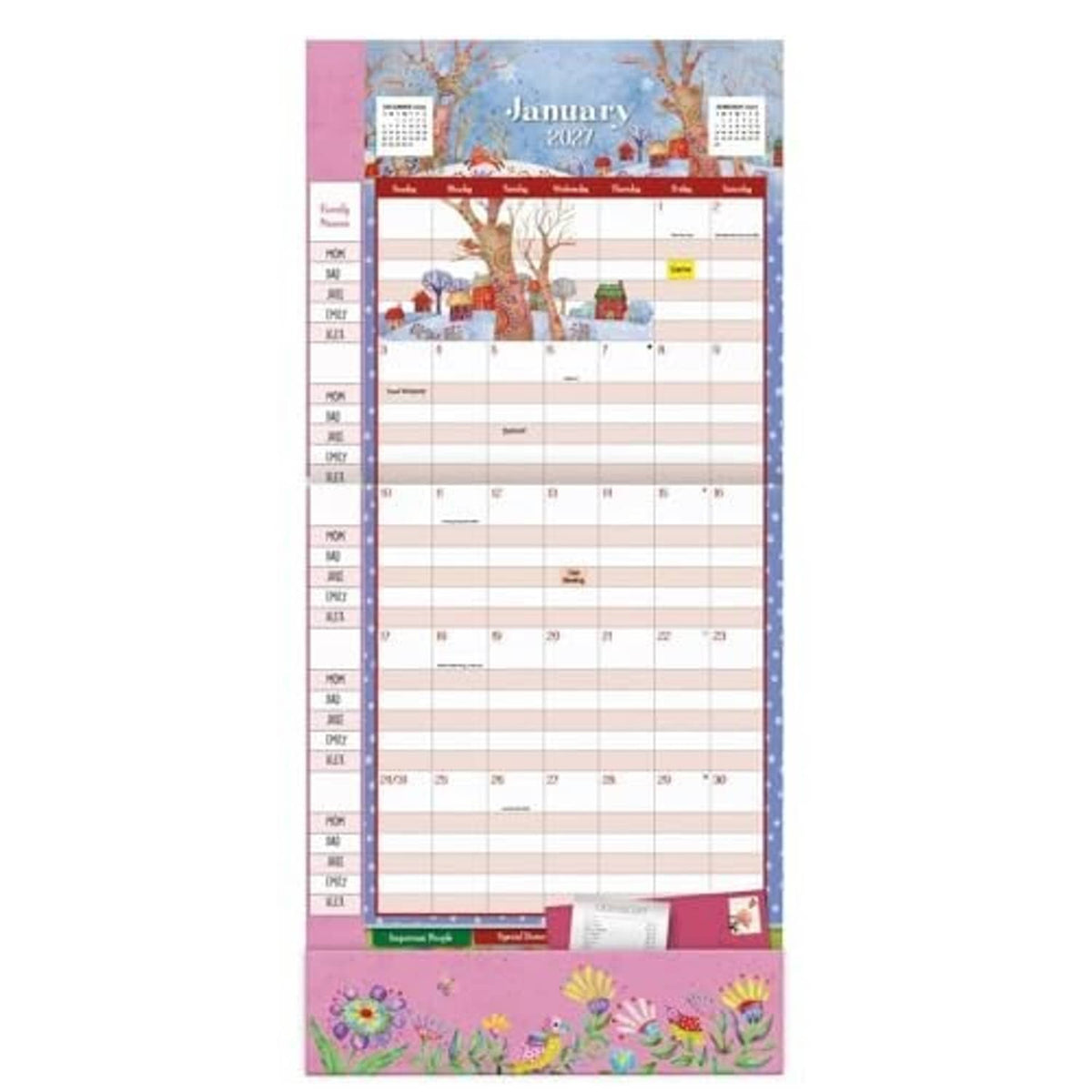 January 2027 wall calendar with scenic illustration and rows for daily scheduling
