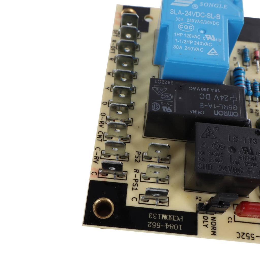 Heat pump defrost control board PCB with relay, capacitor, and terminal pins