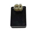 Ignition control module with light wire connector plugs on black housing, front view.