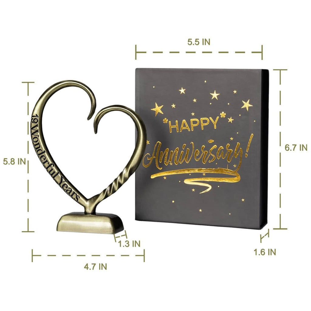 Bronze heart anniversary sculpture with engraved ribbon and size dimensions