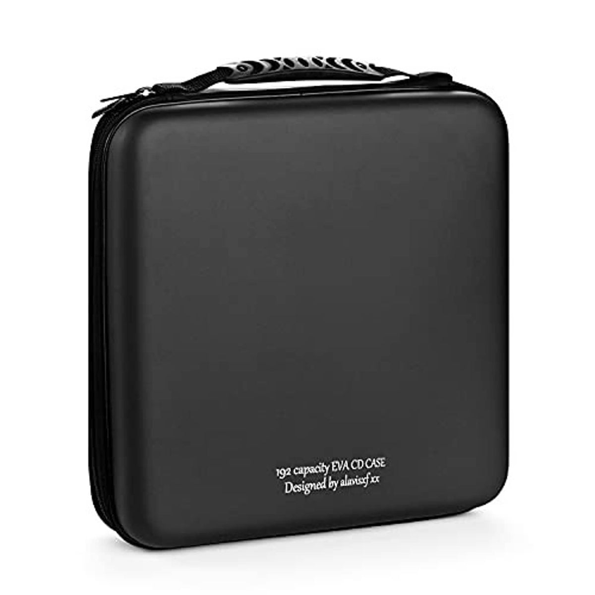 Black hard EVA DVD/CD case with zipper closure and embossed logo on front