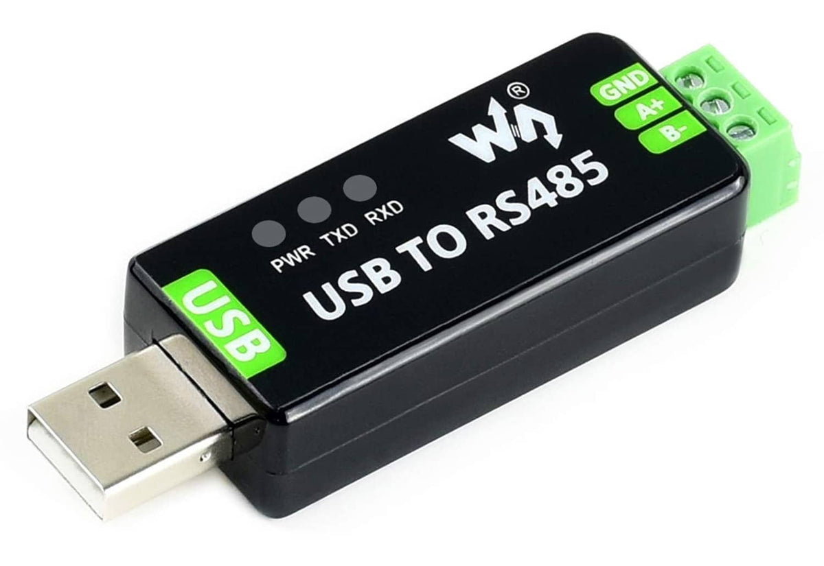 USB to RS485 adapter with USB plug and green 4-pin screw terminal on black case