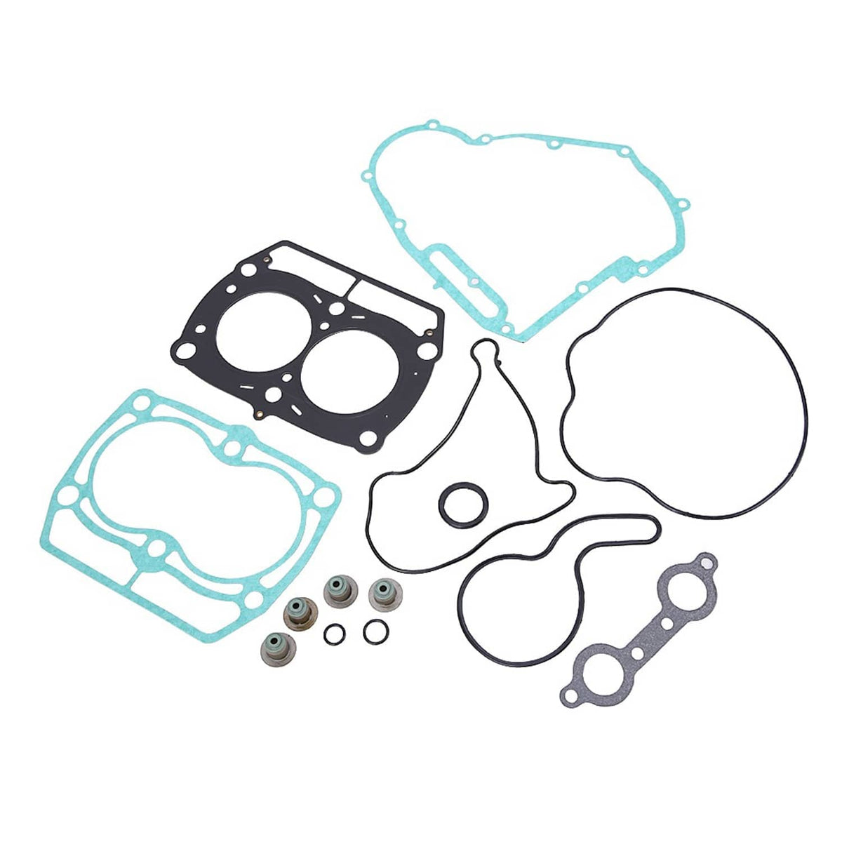 Engine top-end head gasket kit parts shown together: blue/black gaskets, hoses, and seals
