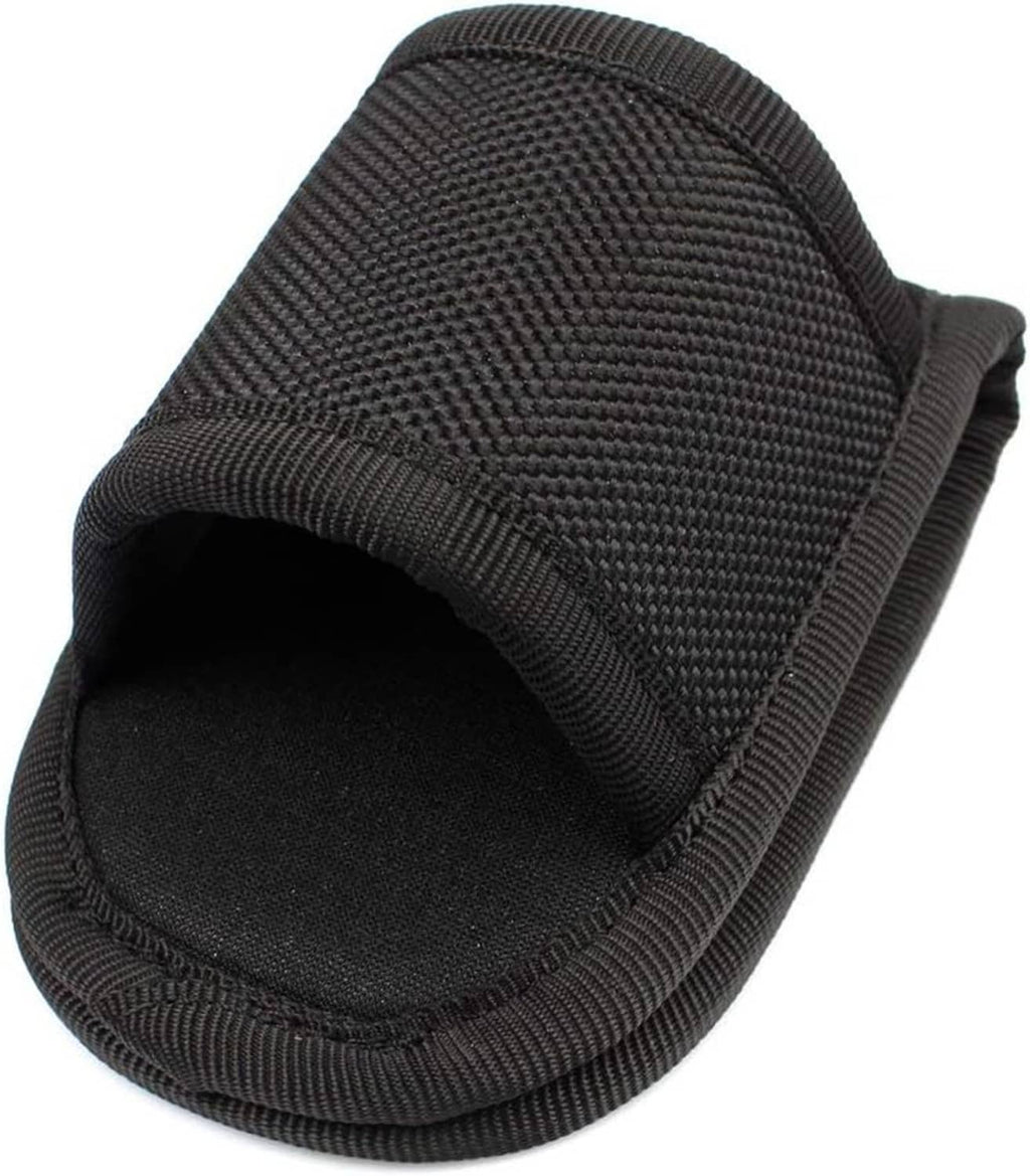 Black open-top flashlight pouch with textured fabric and curved elastic opening