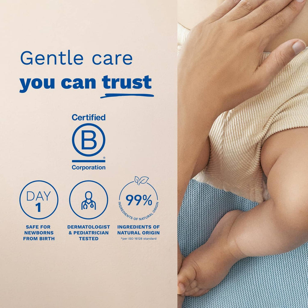 Baby cleanser on diaper area with trust cues and 99% ingredients badge