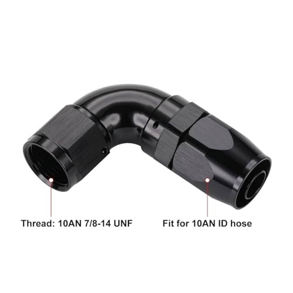 Black 90-degree elbow fitting, 10AN thread; fits 10AN ID hose