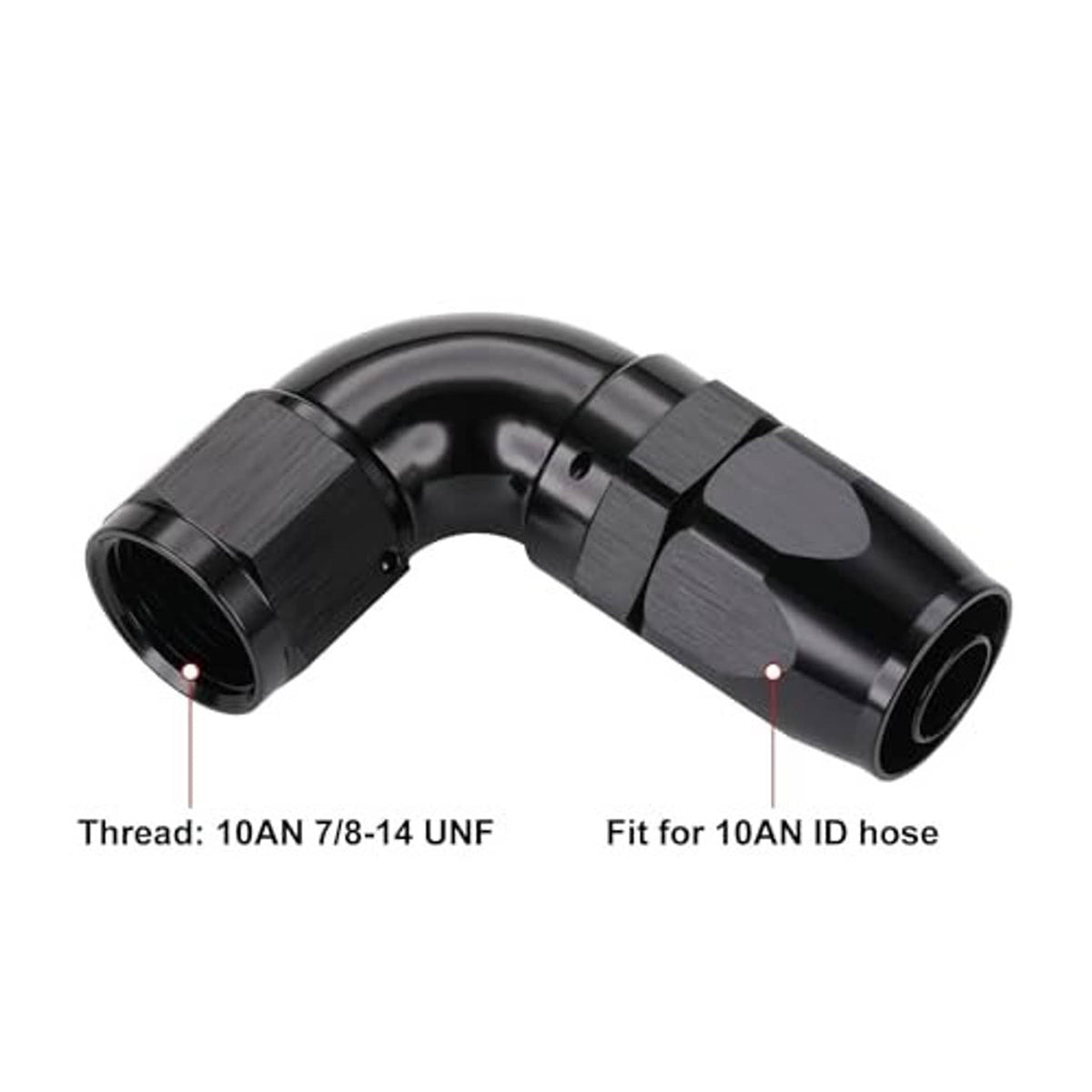 Black 90-degree elbow fitting, 10AN thread; fits 10AN ID hose