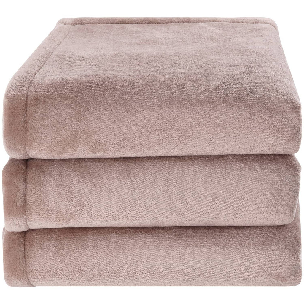Folded taupe electric heated throw blanket showing soft flannel texture