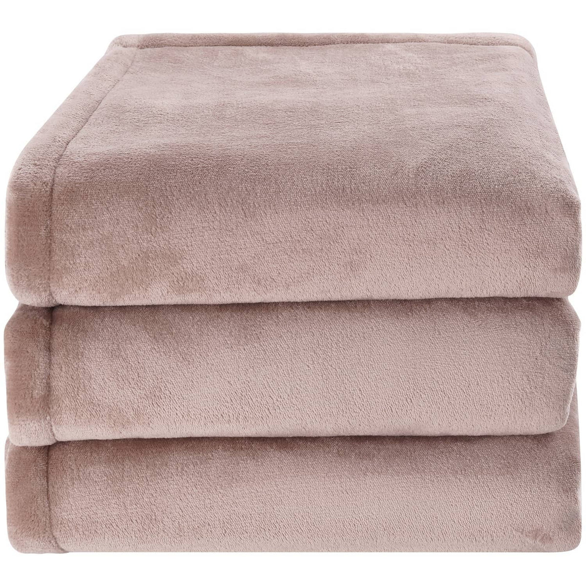 Folded taupe electric heated throw blanket showing soft flannel texture