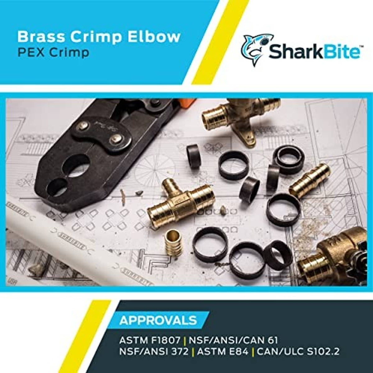 Brass 90-degree PEX crimp elbow fitting with ribbed ends alongside crimp rings