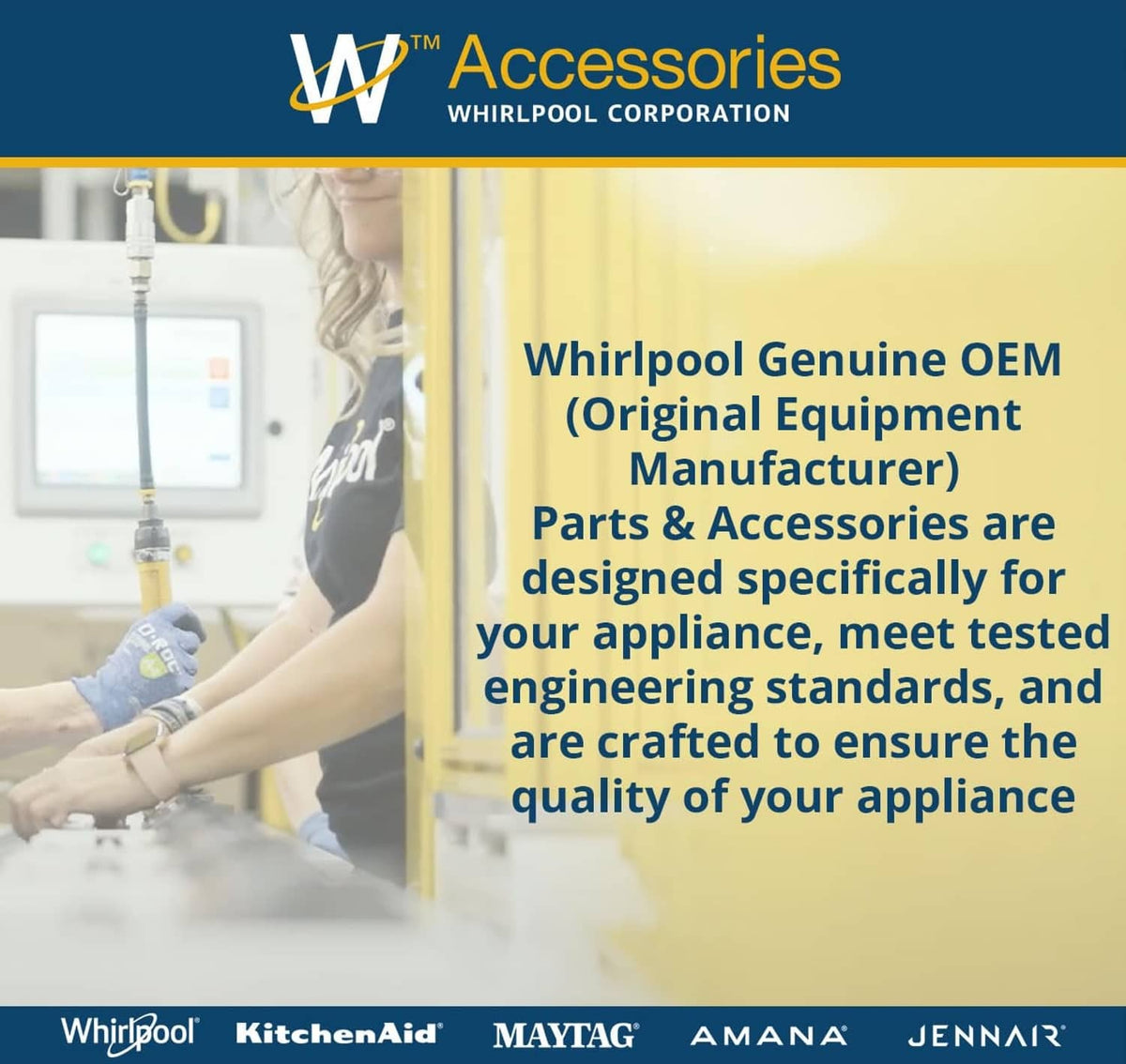 Whirlpool Accessories promotional banner with service technician in a kitchen