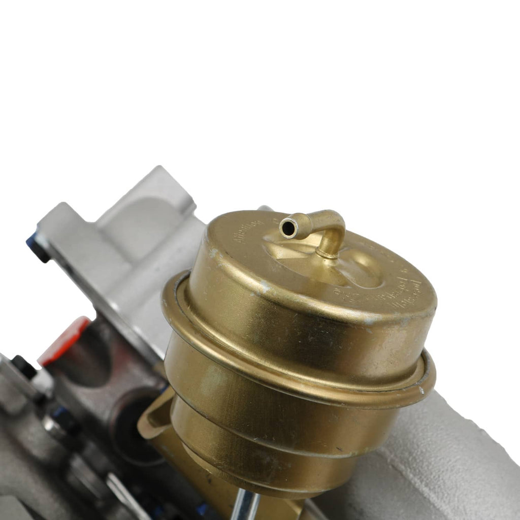 Turbocharger upgrade housing with brass-colored compressor and inlet ports