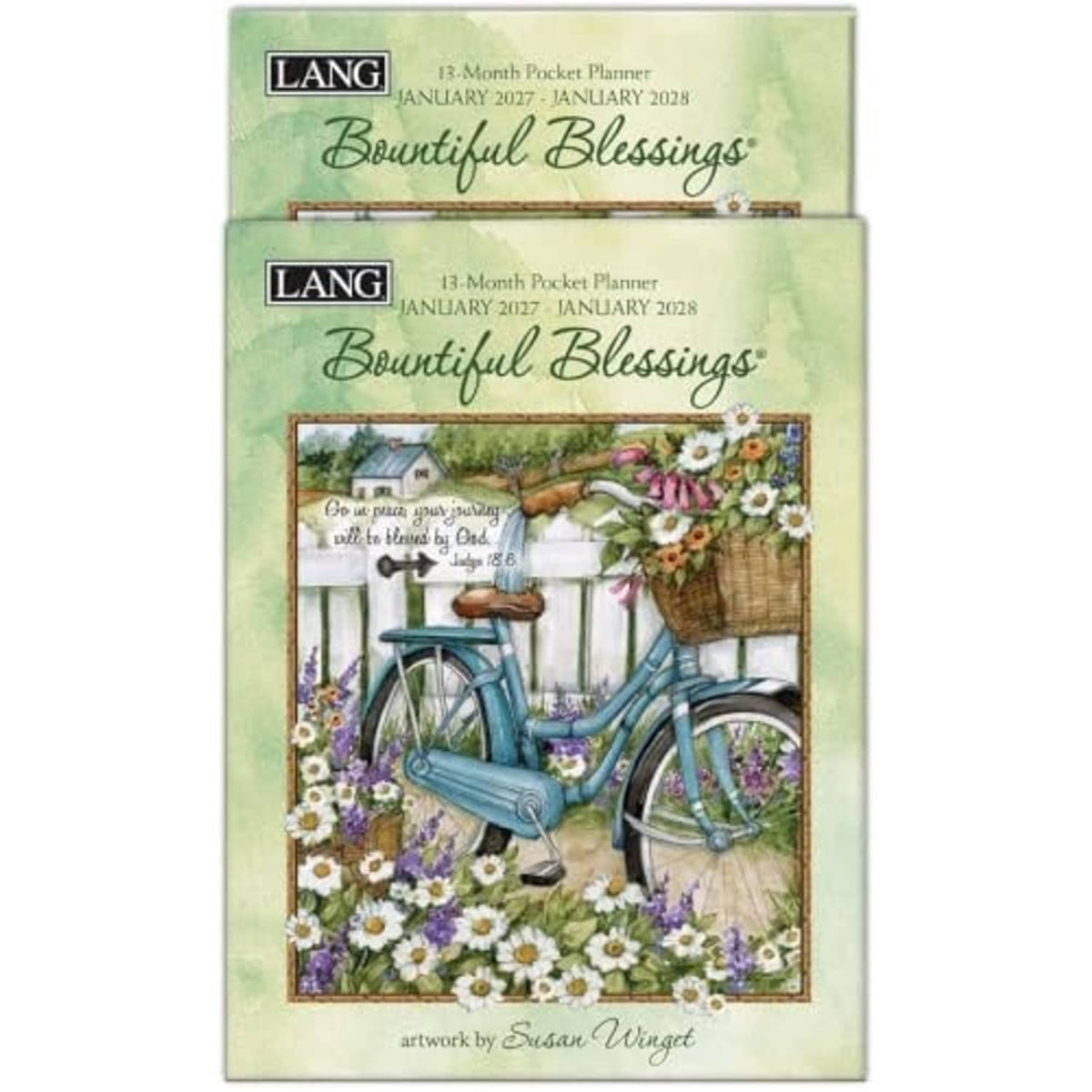 Two pocket planners stacked with green covers, LANG logo, and blue bicycle floral art