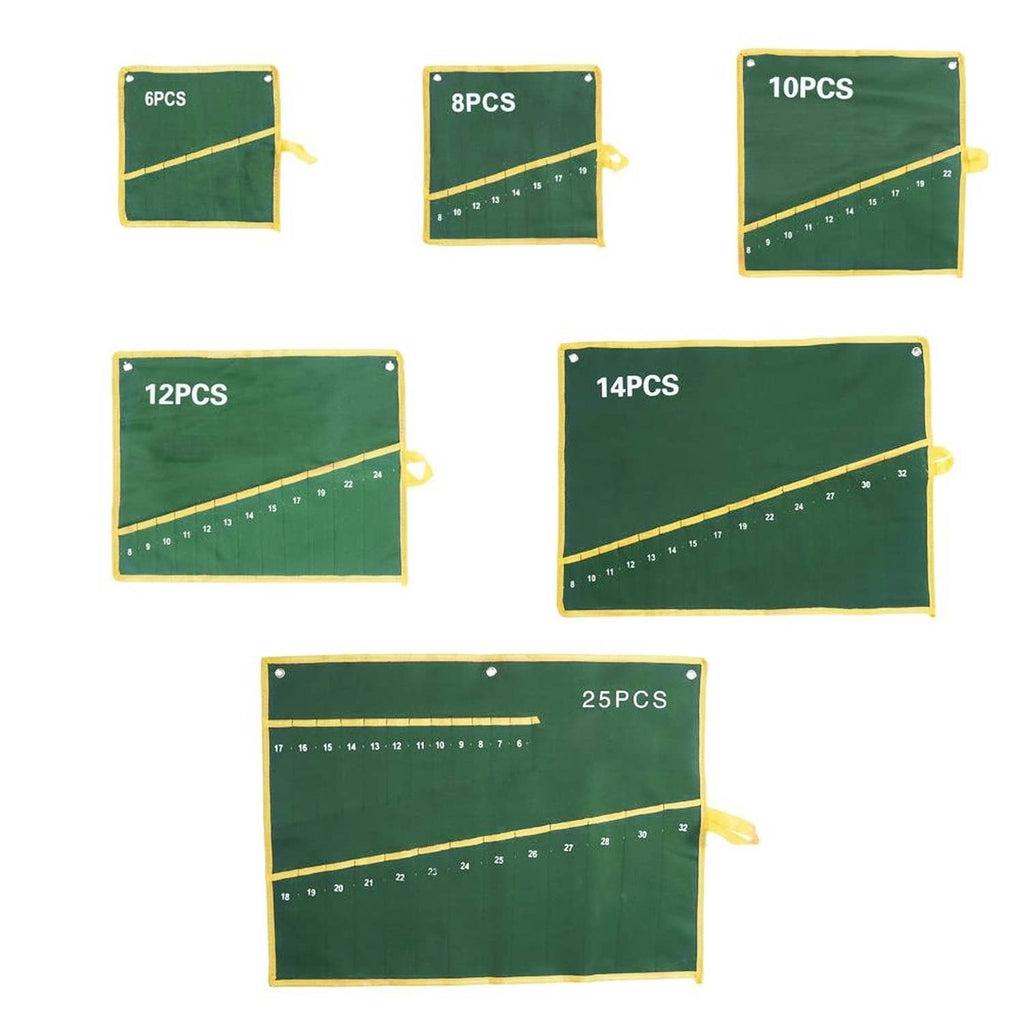 Flat layout of green roll-up tool pouch panels with yellow trim, labeled 6,8,10,12,14,25PCS