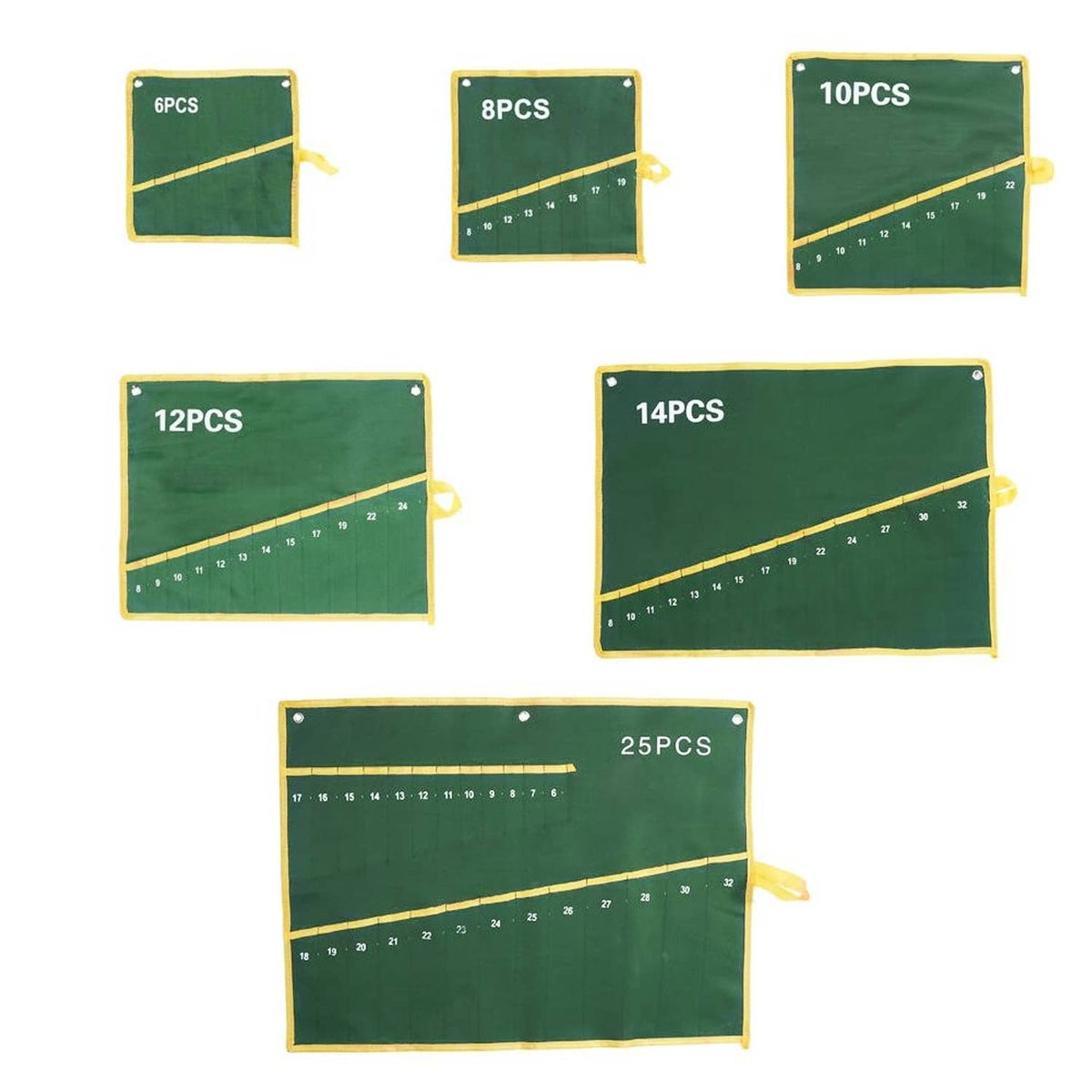 Flat layout of green roll-up tool pouch panels with yellow trim, labeled 6,8,10,12,14,25PCS