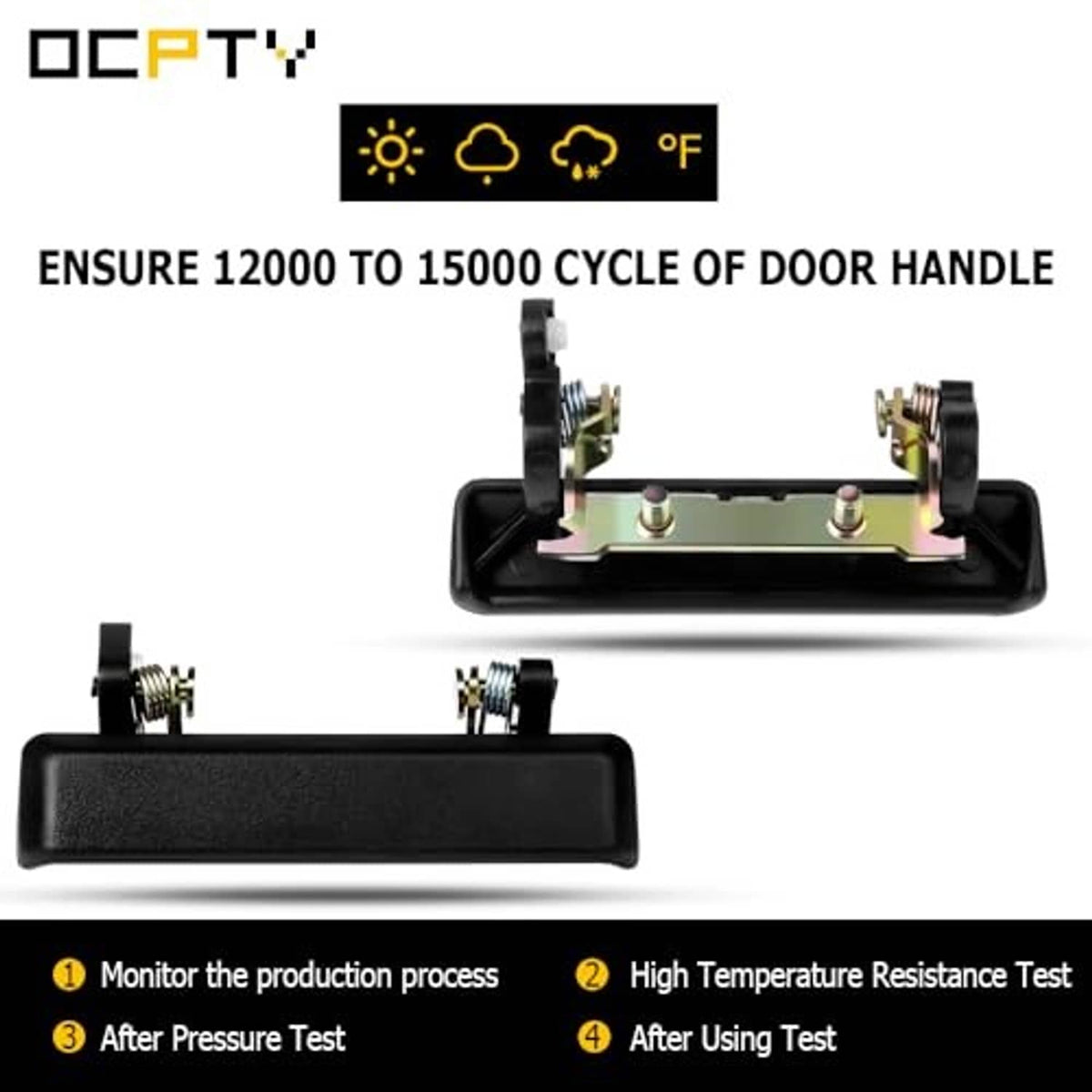 Black exterior door handle with metal backing plate and mounting bracket