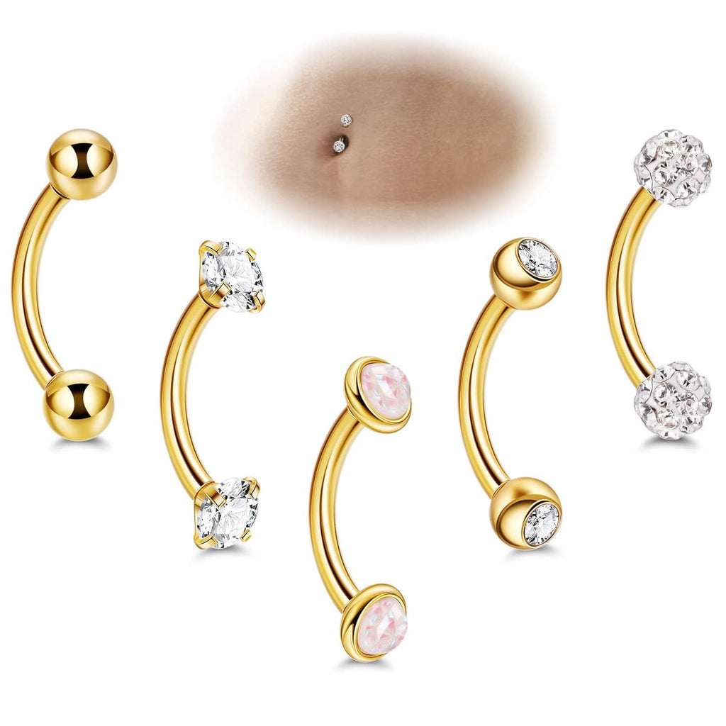 Set of gold belly button rings with clear CZ stones and round ball ends