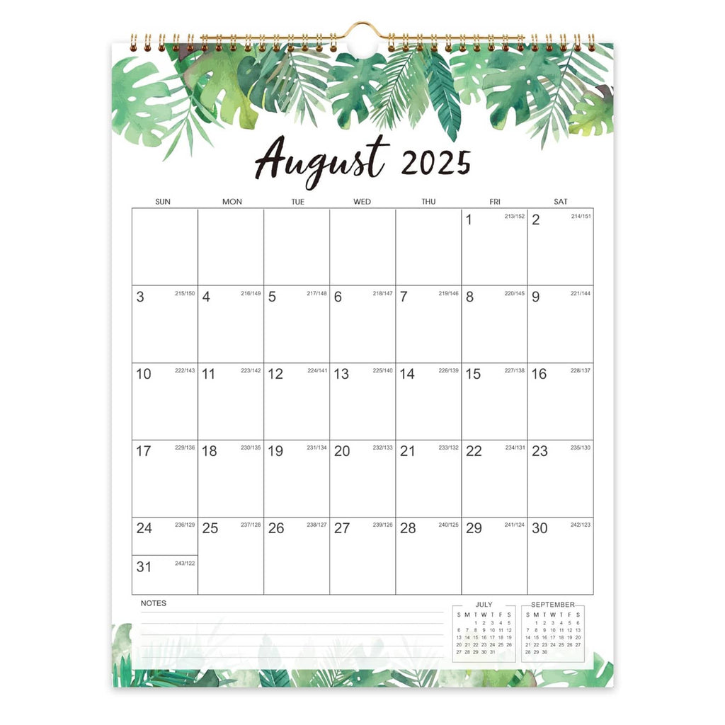 Green leaf themed monthly wall calendar with spiral binding, August 2025 page