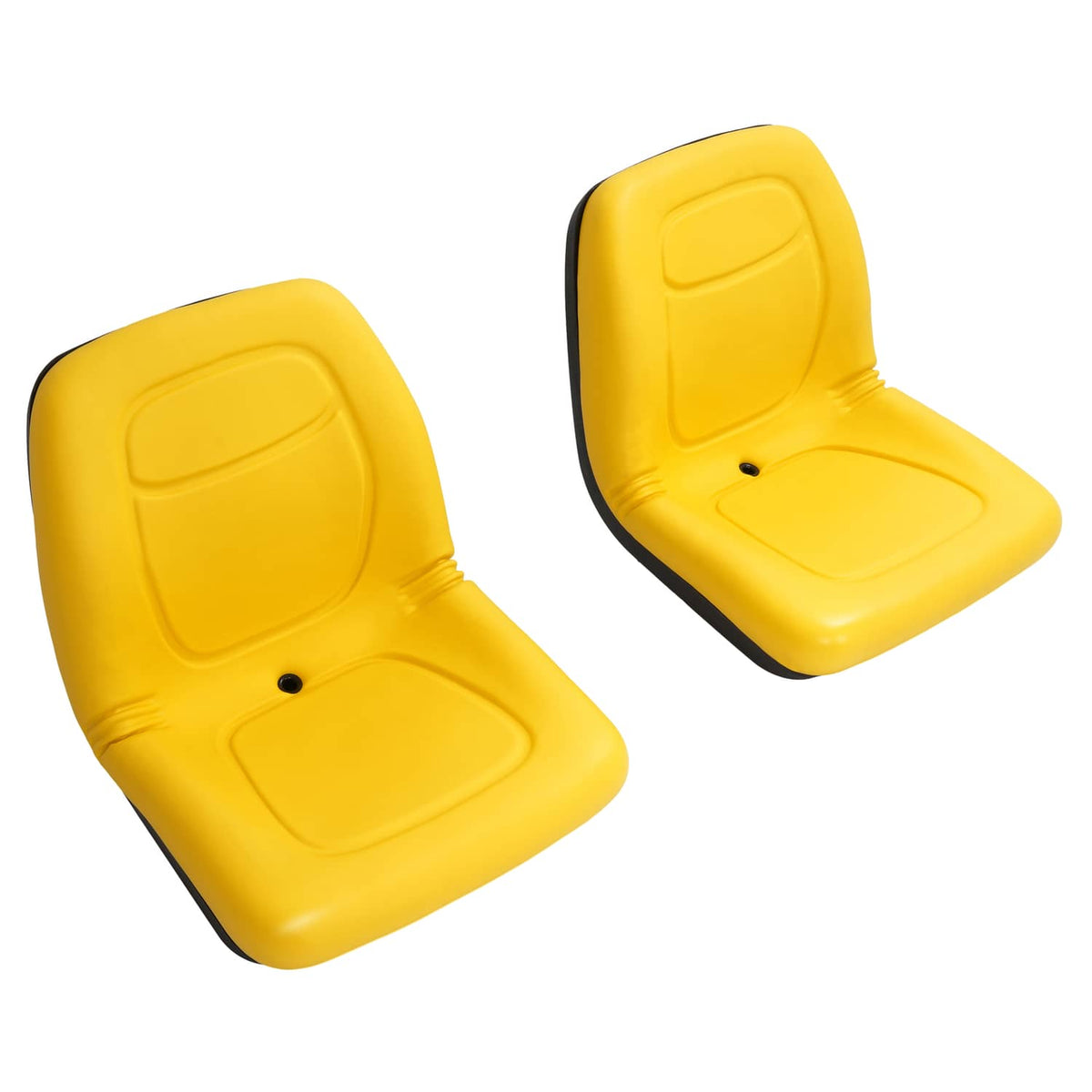 Pair of yellow seat cushions with black trim, angled view