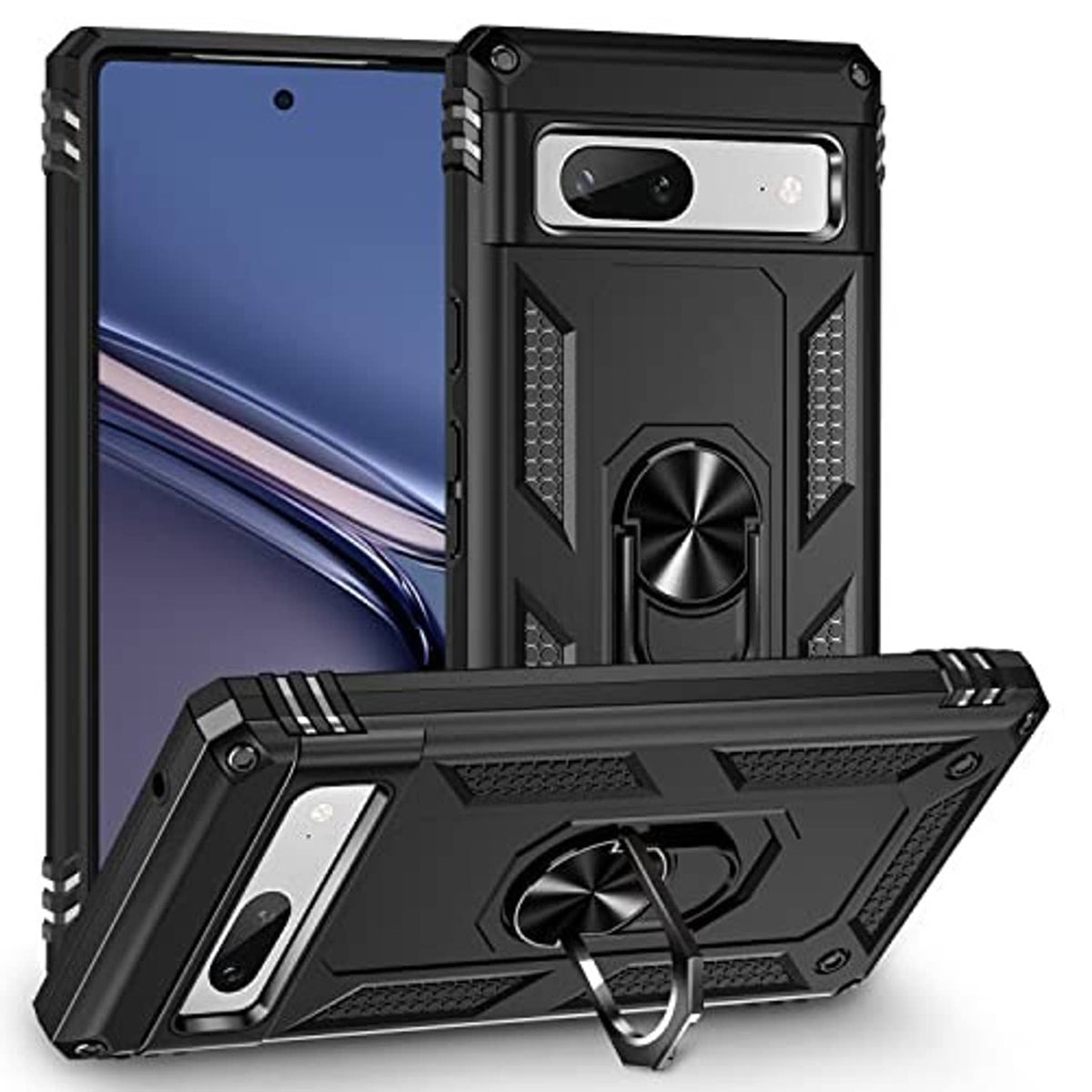 Rugged black phone case with ring kickstand and textured grip edges