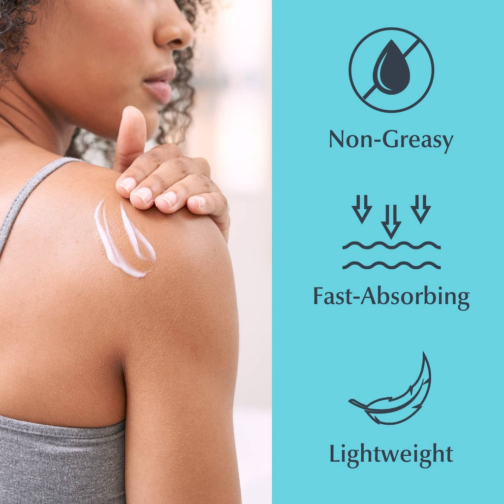 Eucerin body cream spread on a shoulder with non-greasy and fast-absorbing icons