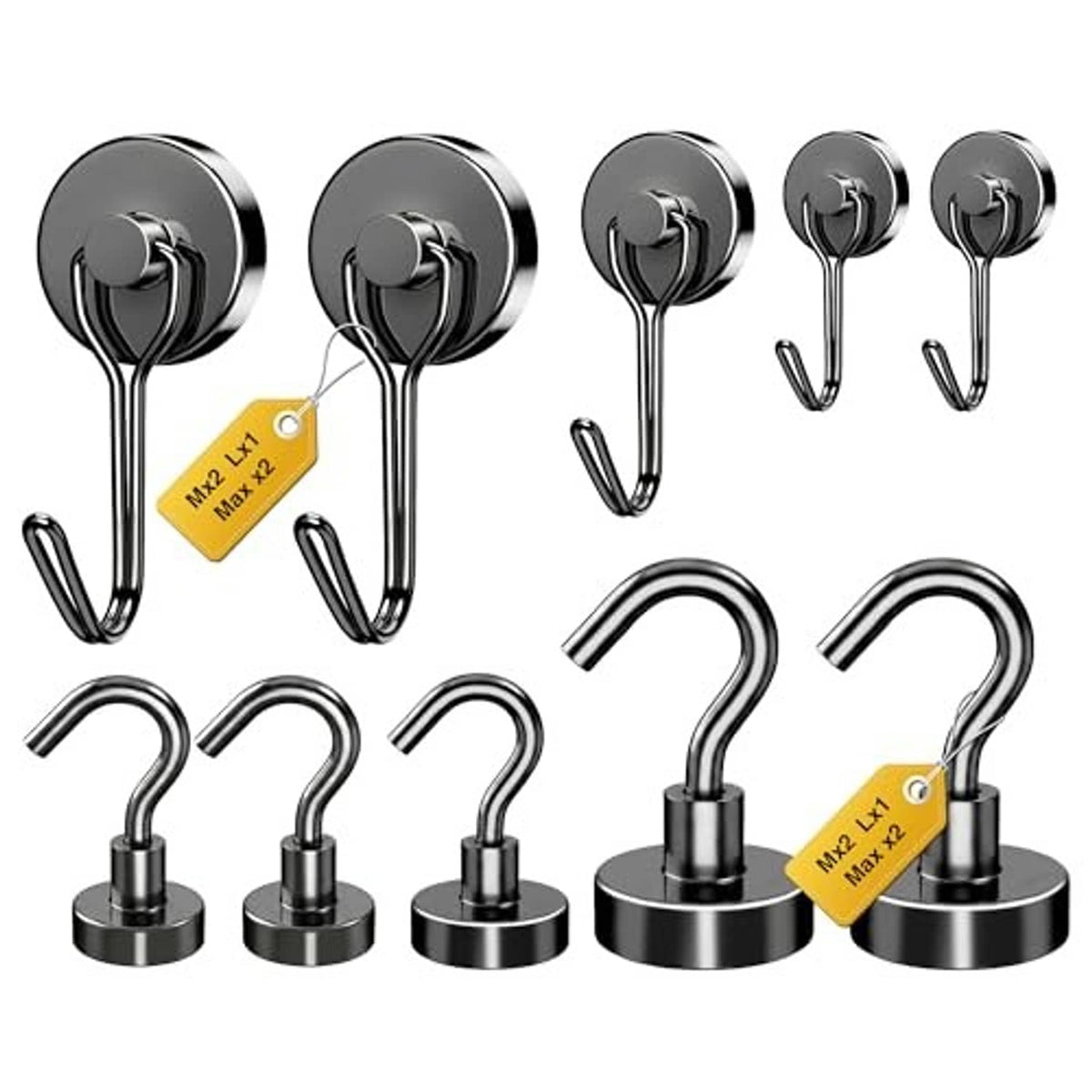 Black magnetic hooks with circular bases and curved ends, mixed sizes 10-pack