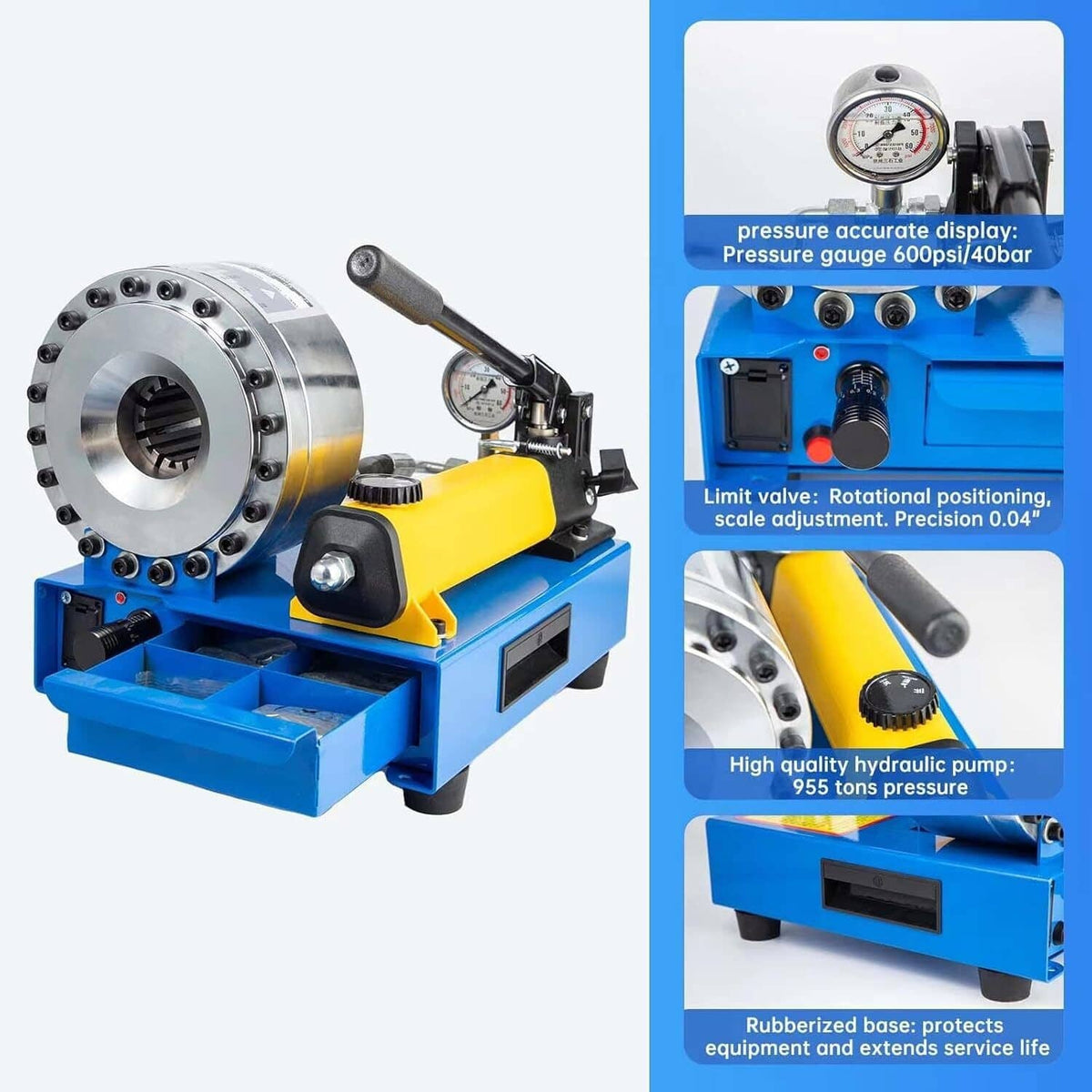 Hydraulic pipe crimper with pressure gauge, yellow pump, and large silver die head