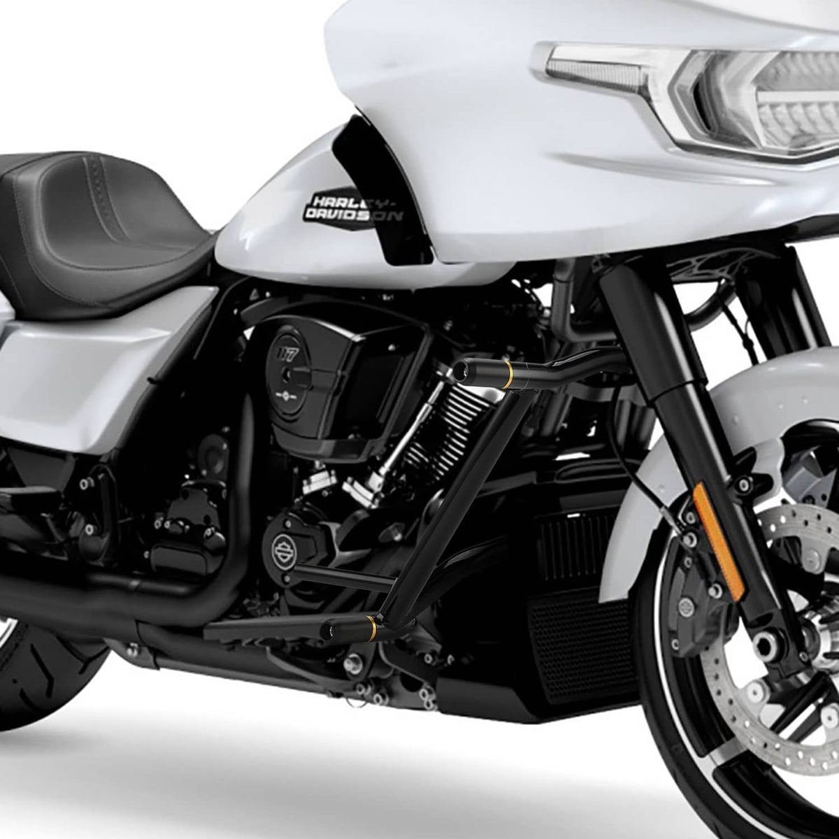 Black crash bar installed on motorcycle frame with front and side mounting points