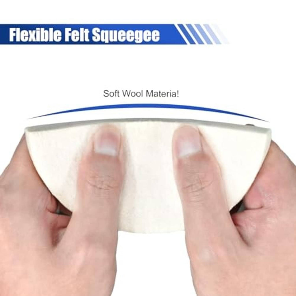 Soft wool felt squeegee pad held between hands, beige semicircle