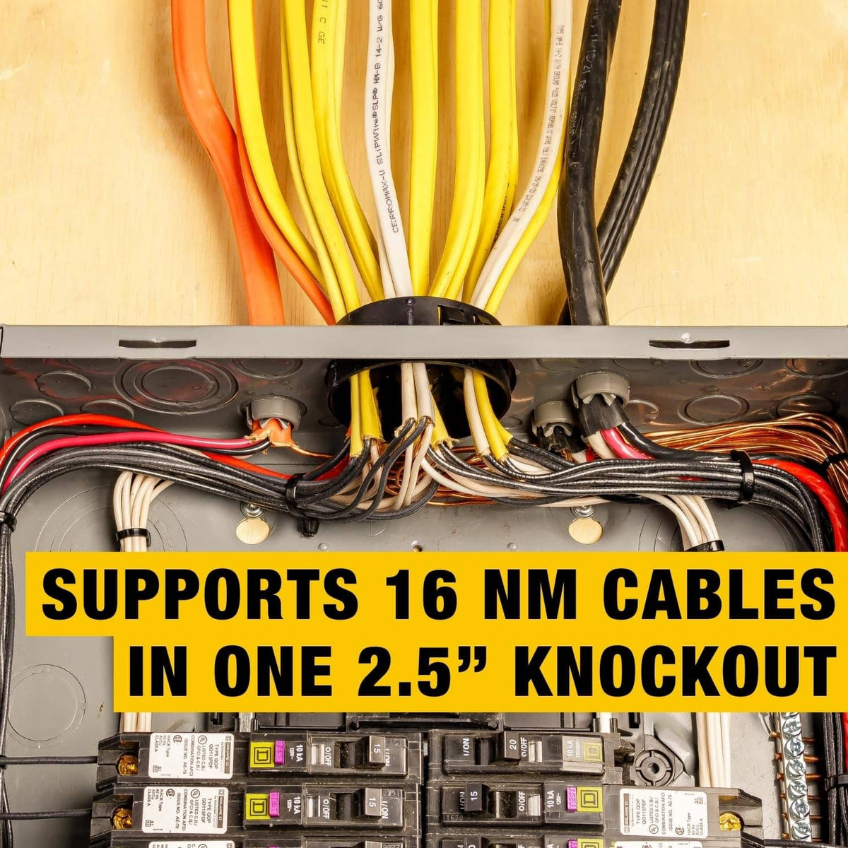 Black wire waffle connector cup with square grid openings and bundled NM cables
