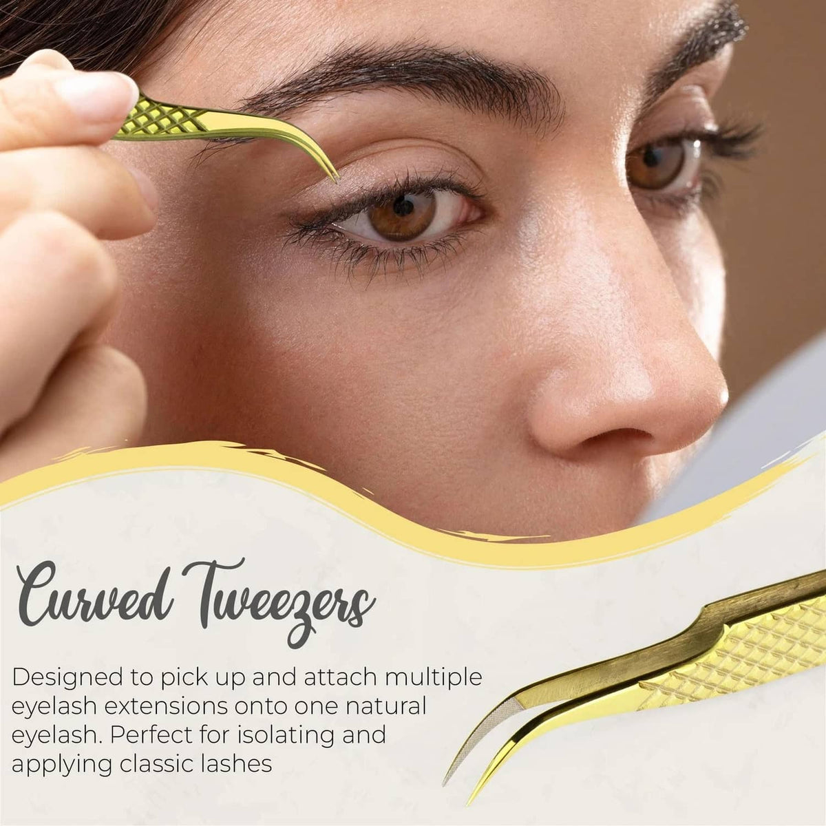 Curved gold diamond-grip eyelash extension tweezers with fine tip