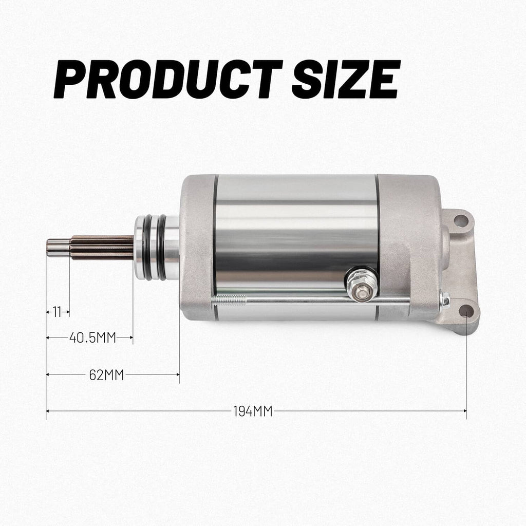 Starter motor dimensions diagram with labeled measurements on white background