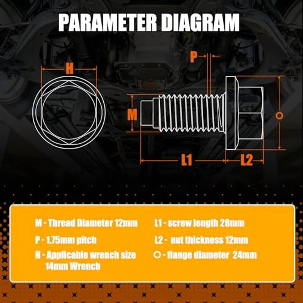 Parameter diagram of magnetic oil drain plug, M12x1.75 threaded hex head