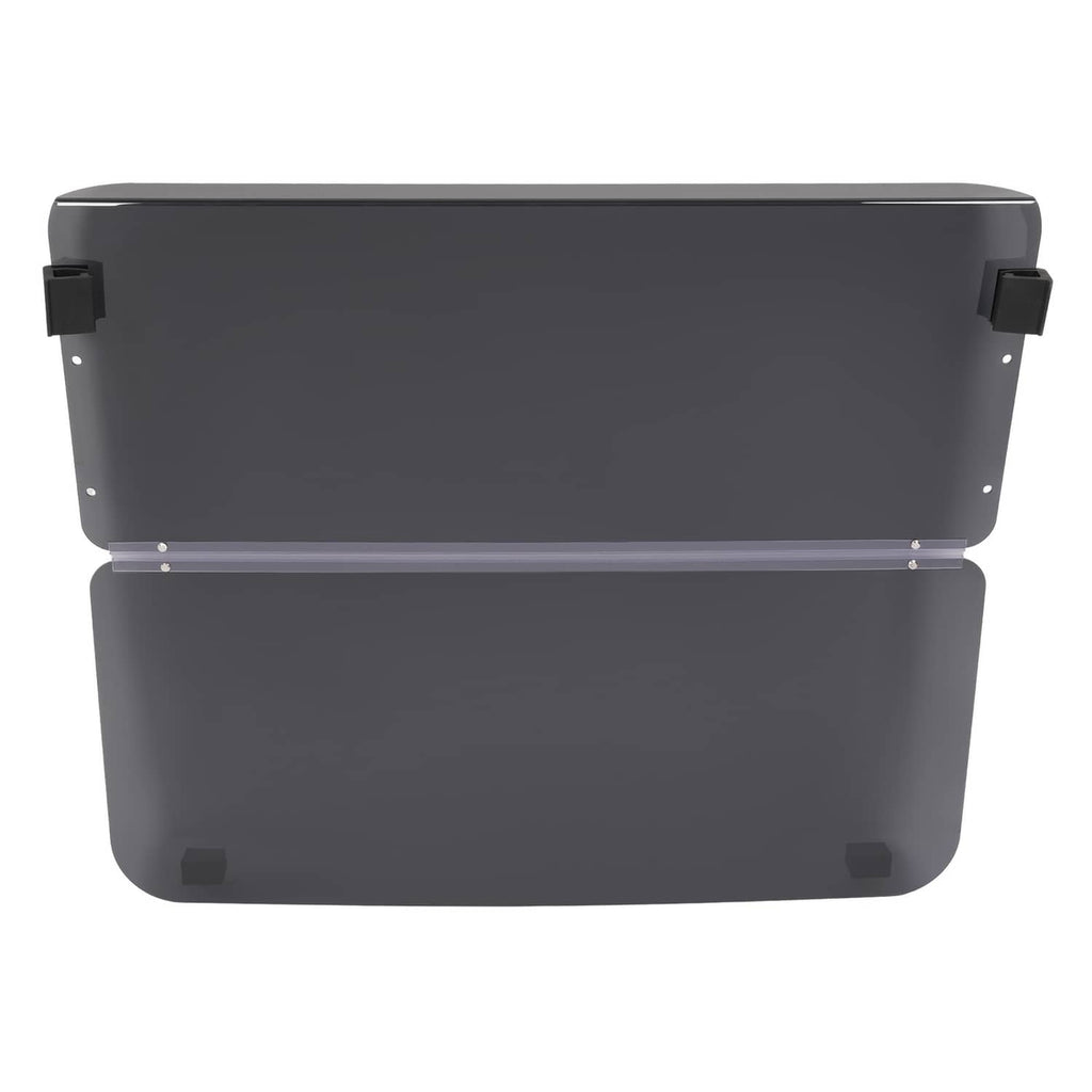 Tinted fold-down golf cart windshield in dark gray with hinge bar and bottom mounting points