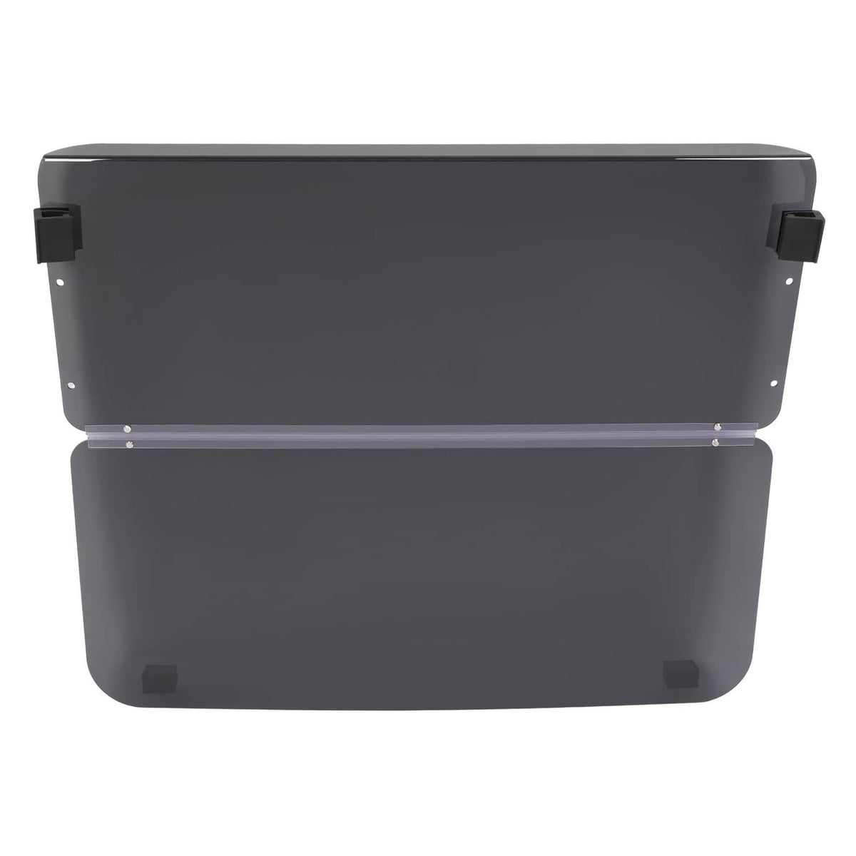 Tinted fold-down golf cart windshield in dark gray with hinge bar and bottom mounting points